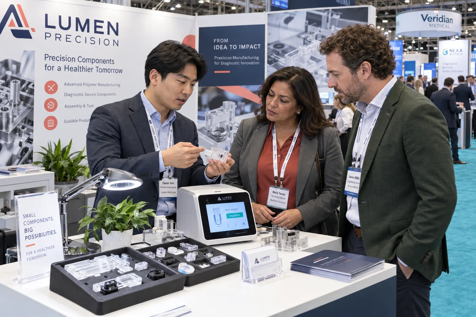 Medical-device manufacturing engineer showing diagnostic cartridges and precision components to sourcing buyers