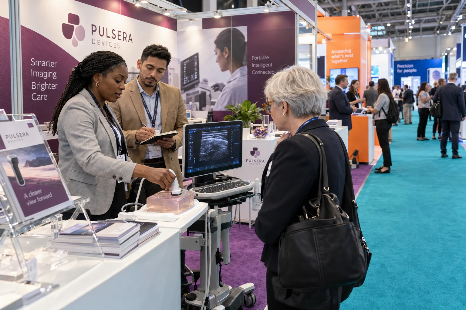 Ultrasound applications engineer demonstrating a portable system to hospital procurement and distribution buyers beside an exhibition aisle